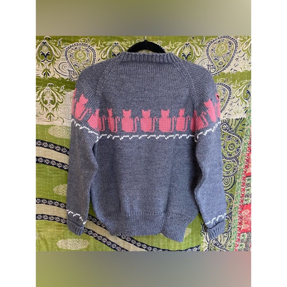 Handmade by Carol Gray/ Pink 100% Wool Cat Knit Sweater Size Small Teachercore - Picture 9 of 13